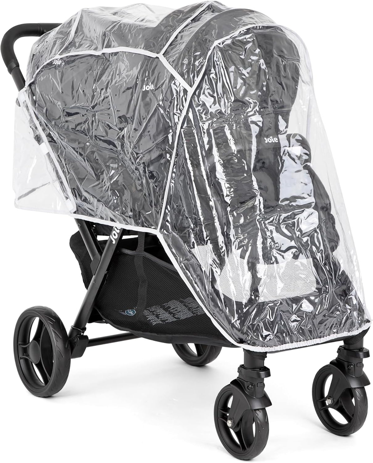 Joie Evalite Duo zijaanzicht met beide kinderen in de wagen
