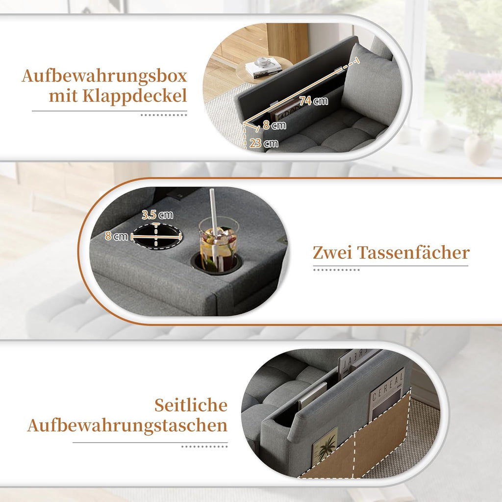 2-Sitzer Schlafsofa Grau mit Stauraum – Detailansicht