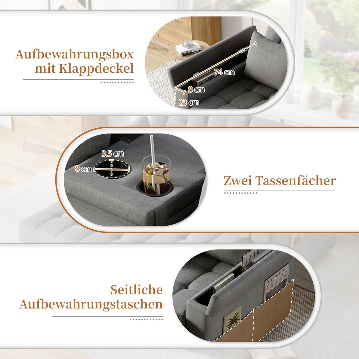 2-Sitzer Schlafsofa Grau mit Stauraum – Detailansicht
