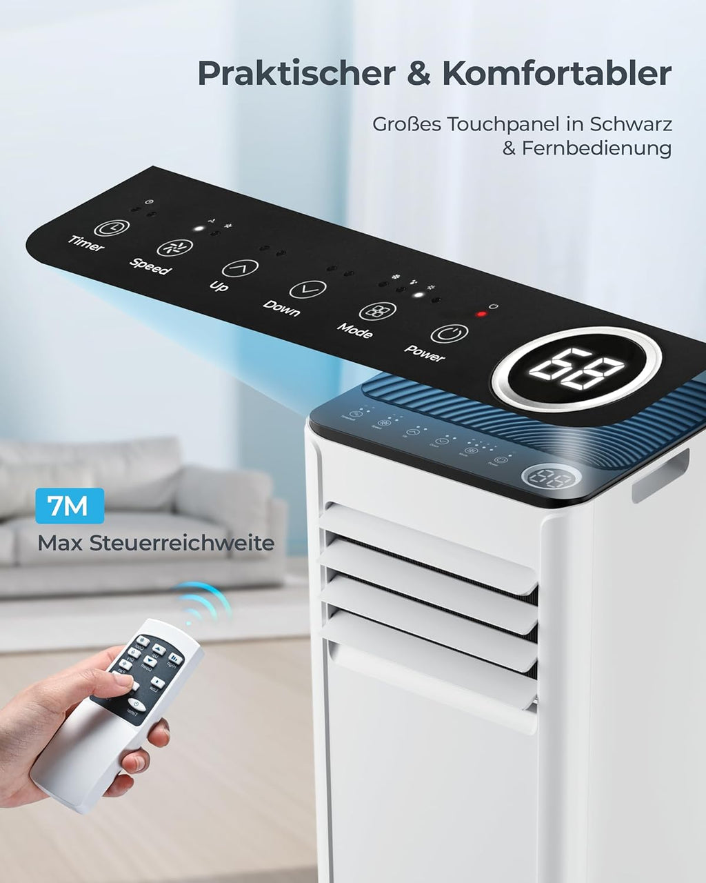 Produktbild: Mobile Klimaanlage 9000 BTU mit Abluftschlauch – Verpackung und Lieferumfang