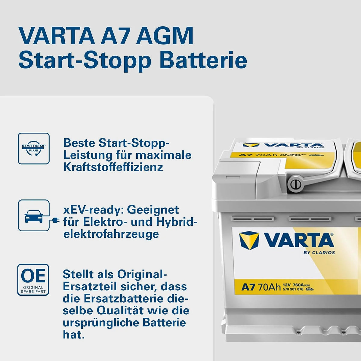 VARTA AGM A7 Autobatterie 12V 70Ah 760A