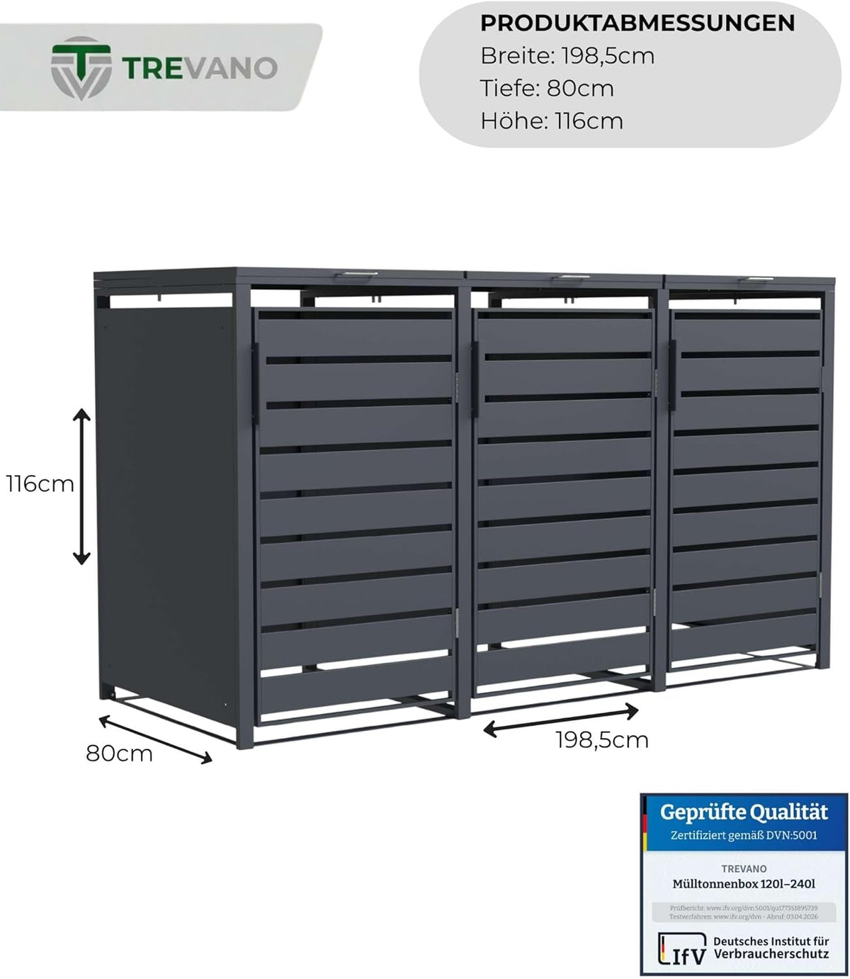 Produktbild: TREVANO Mülltonnenbox 3er 240l - Mülltonnenverkleidung 3 Ton – Frontansicht